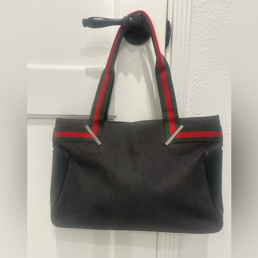 Gucci Black Denim and Sherry Line Straps Tote Bag